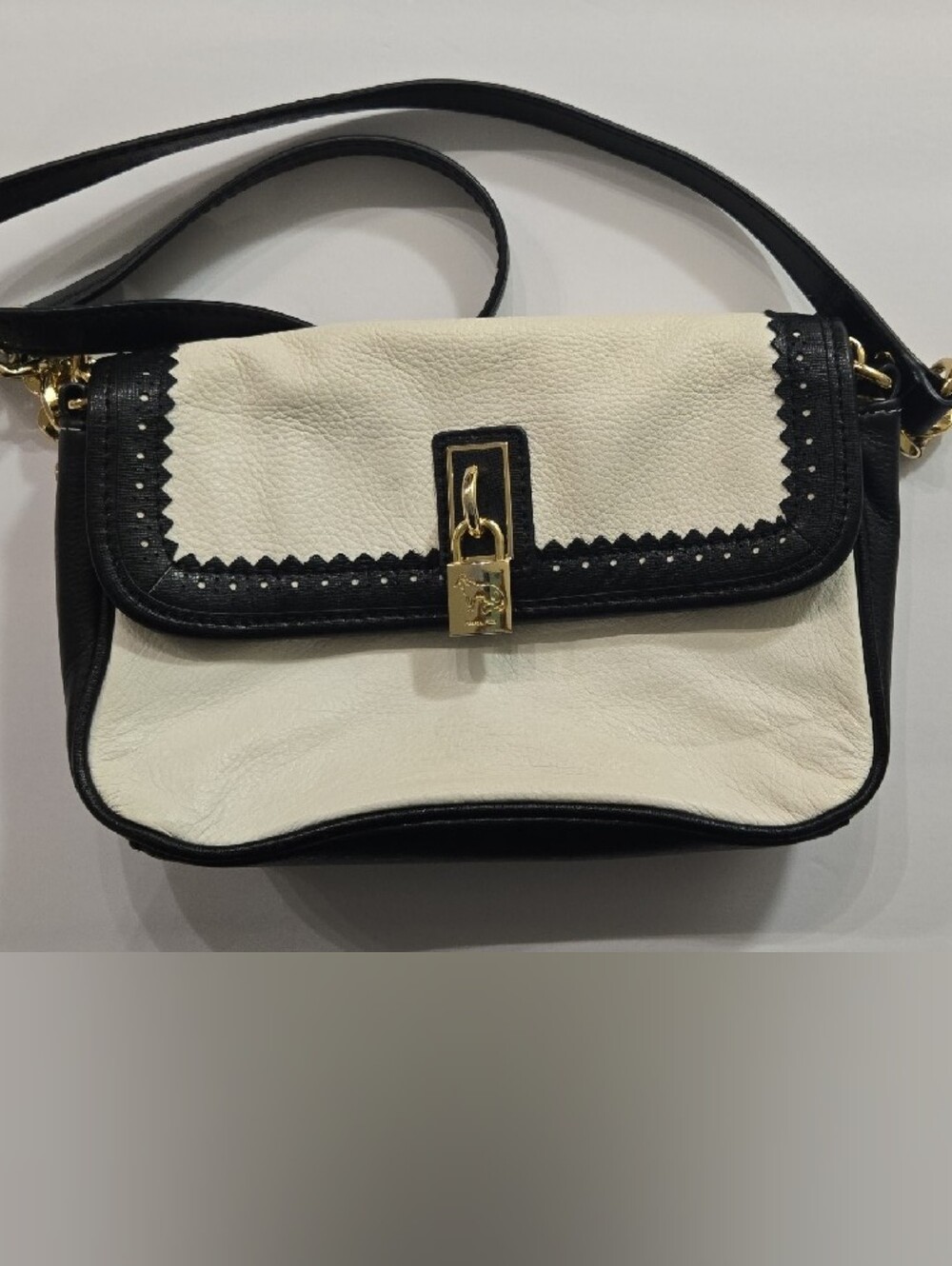 Emma Fox Genuine Leather Black & Cream Shoulder Bag Gold Chain Floral Lining